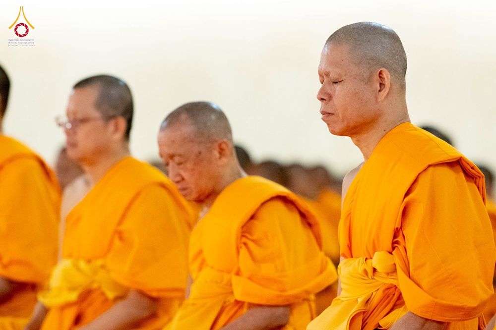 พระภิกษุสงฆ์หลายรูปในจีวรสีเหลืองทองกำลังนั่งหลับตาทำสมาธิ