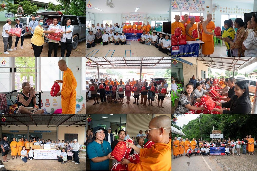 พระภิกษุและเจ้าหน้าที่ร่วมกันมอบถุงยังชีพและสิ่งของจำเป็นให้แก่ประชาชนผู้ประสบอุทกภัยในหลายสถานที่