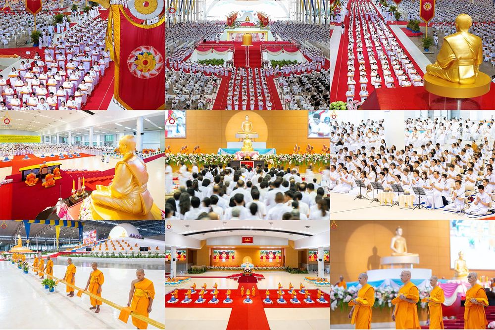 พุทธศาสนิกชนจำนวนมากสวมชุดขาวร่วมพิธีทอดผ้าป่าสมทบกฐินภายในสภาธรรมกายสากล