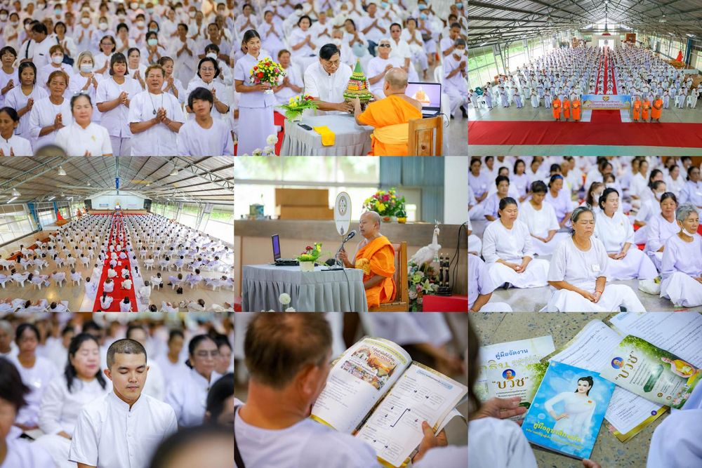 กลุ่มผู้เข้าร่วมโครงการสวมชุดขาวนั่งปฏิบัติธรรมและศึกษาคู่มือการอบรมภายในศูนย์อบรมเยาวชน