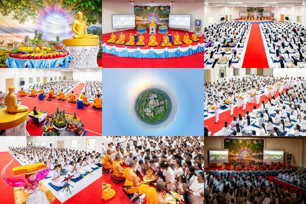 ภาพรวมกิจกรรมทางศาสนาที่มีพระสงฆ์และพุทธศาสนิกชนจำนวนมากเข้าร่วมพิธีบูชาข้าวพระและพิธีทอดผ้าป่าในโครงการธุดงค์แก้ว