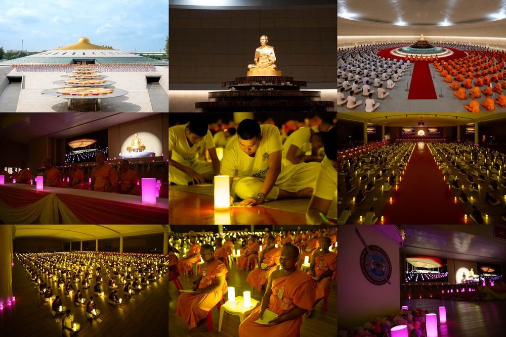 ภาพตัดต่อกิจกรรมปฏิบัติธรรมและพิธีจุดเทียนรวมใจของนักเรียนนายสิบตำรวจและพระภิกษุสงฆ์ภายในอาคารสภาธรรมกายสากล