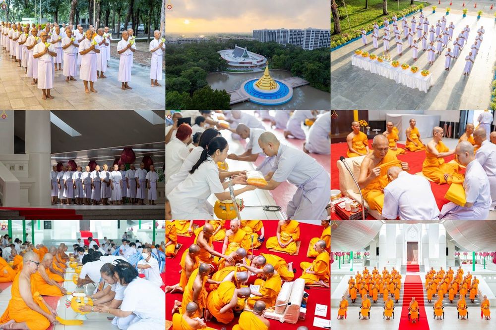 ภาพรวมกิจกรรมพิธีบรรพชาอุปสมบทหมู่ มีนาคและพระภิกษุสงฆ์ประกอบพิธีกรรมทางศาสนาภายในวัด