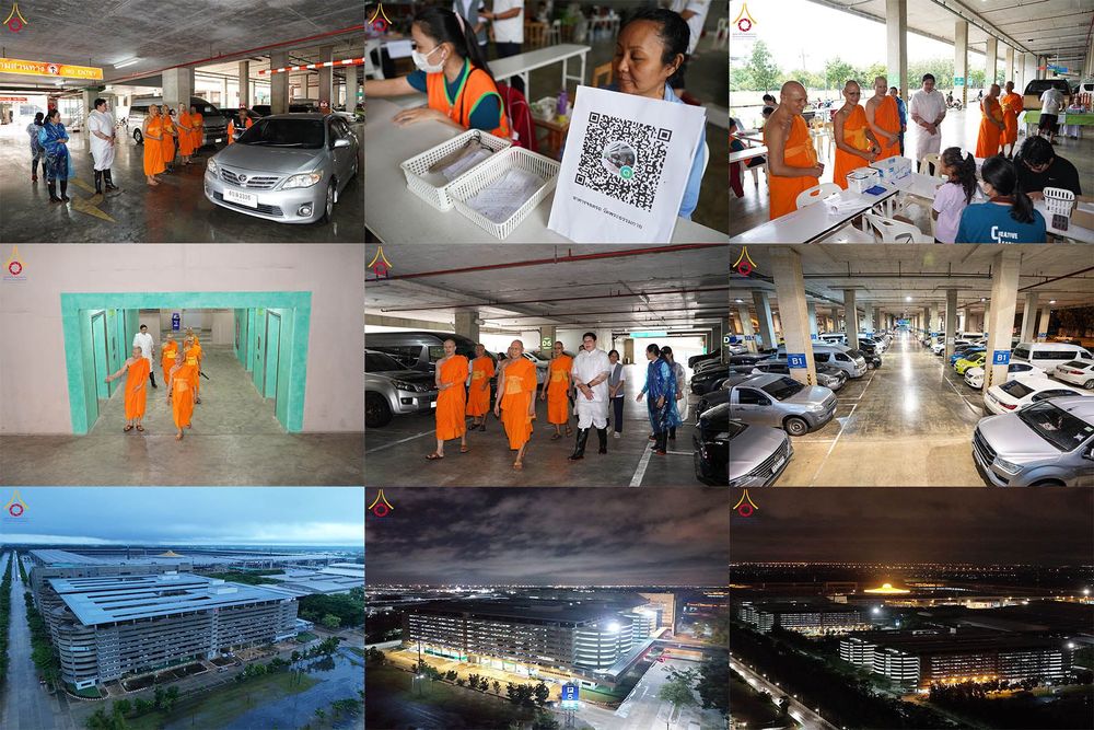 พระภิกษุและเจ้าหน้าที่กำลังเดินตรวจเยี่ยมภายในอาคารจอดรถขนาดใหญ่ พร้อมภาพมุมสูงของอาคารในช่วงเวลาต่างๆ