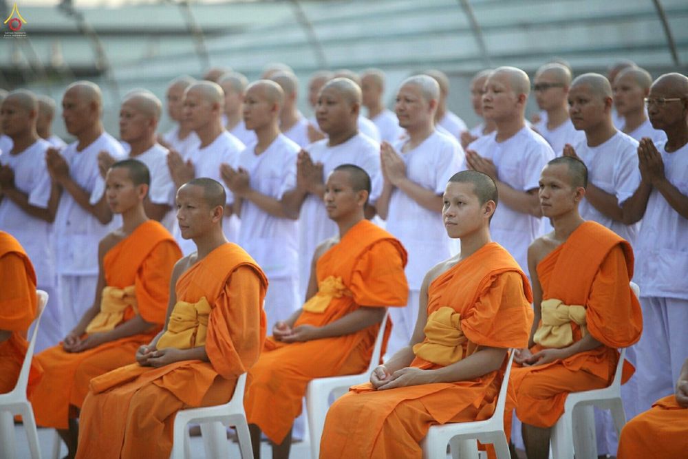 กลุ่มนาคธรรมทายาทในชุดขาวและพระภิกษุสงฆ์นั่งพนมมือในพิธีบรรพชาอุปสมบทหมู่
