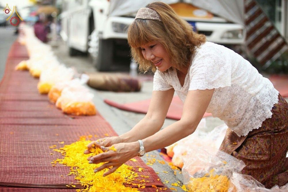 หญิงไทยกำลังโปรยกลีบดอกดาวเรืองบนพรมสีแดงเพื่อต้อนรับพระธุดงค์