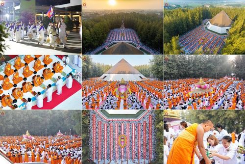 พิธีตักบาตรพระธรรมยาตรา ณ อนุสรณ์สถานลำดับที่ 1 สถานที่เกิดด้วยรูปกายเนื้อ อนุสรณ์สถานมหาวิหารพระมงคลเทพมุนี (โลตัสแลนด์) อ.สองพี่น้อง จ.สุพรรณบุรี ในโครงการธรรมยาตรา กตัญญูบูชา มหาปูชนียาจารย์ พระมงคลเทพมุนี(สด จนฺทสโร) พระผู้ปราบมาร อนุสรณ์สถาน 7 แห่ง 