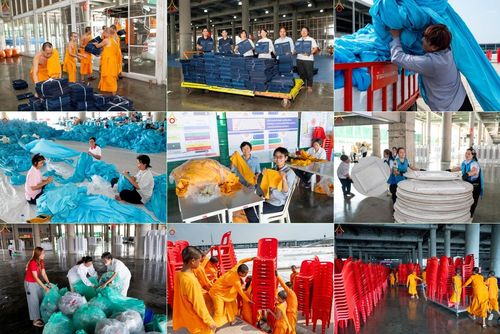 วันที่ 24-25 เมษายน พ.ศ. 2568 การเก็บงาน ผ้ารับประเคน ผ้าระบาย โต๊ะ เก้าอี้  ภายหลังงานวันคุ้มครองโลก ณ วัดพระธรรมกาย