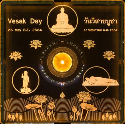 ภาพ No.29189:วันวิสาขบูชา จุดวิสาขประทีปถวายเป็นพุทธบูชา แปรอักษรเป็นภาพพระสัมมาสัมพุทธเจ้า ประสูติ ตรัสรู้ ปรินิพพาน