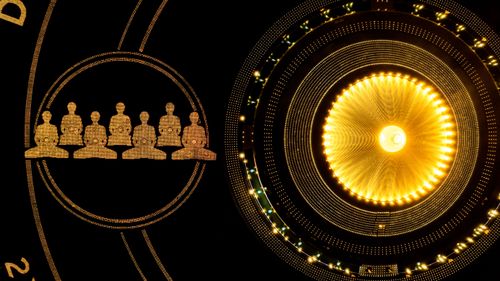 ภาพ No.29352:วันธรรมชัย พิธีจุดประทีปโคมไฟ ถวายเป็นพุทธบูชา แปรอักษรเป็นภาพ