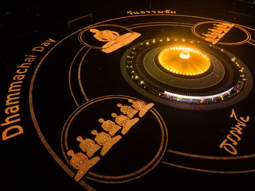 ภาพ No.29395:วันธรรมชัย พิธีจุดประทีปโคมไฟ ถวายเป็นพุทธบูชา แปรอักษรเป็นภาพ