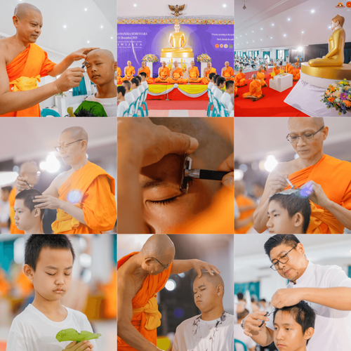 วันพุธที่ 17  ธันวาคม พ.ศ.2568  พิธีปลงผมนาคธรรมทายาท  โครงการบรรพชาสามเณรและบวชอุบาสิกาแก้ว  ณ วิทยาลัยศรีวิจายา (Sekolah Tinggi Agama Buddha Negeri Sriwijaya) เมืองตังเกอรัง จังหวัดบันเตน ประเทศอินโดนีเซีย