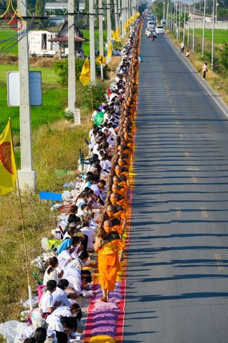 คณะพระภิกษุสงฆ์เดินธุดงค์บนเส้นทางที่ปูด้วยกลีบดอกไม้ท่ามกลางพุทธศาสนิกชนที่มารอรับ