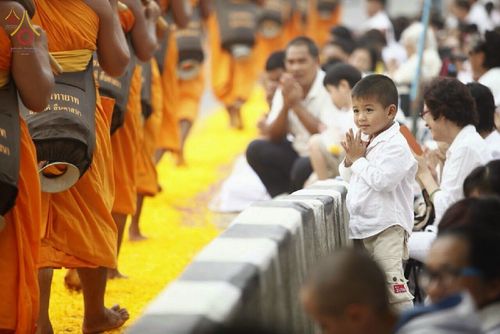 เด็กชายพนมมือด้วยความศรัทธาขณะรอชมขบวนพระธุดงค์ที่เดินผ่านเส้นทางที่ปูด้วยกลีบดอกดาวเรืองสีเหลือง
