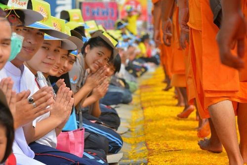 กลุ่มพุทธศาสนิกชนนั่งพนมมือรอต้อนรับพระภิกษุสงฆ์ที่เดินธุดงค์บนเส้นทางที่ปูด้วยกลีบดอกดาวเรือง